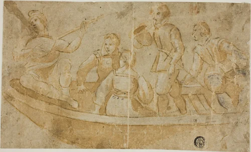 Three Men, Woman and Luteplayer in Boat by Unknown Artist, drawing, 1600-1699