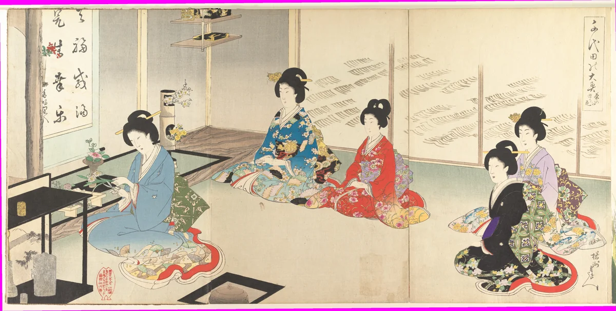 Chiyoda Inner Palace: No.20 Flower Arranging in Turn (Chiyoda no Ōoku: Chanoyu mawaribana) by Hashimoto Chikanobu, print, 1895