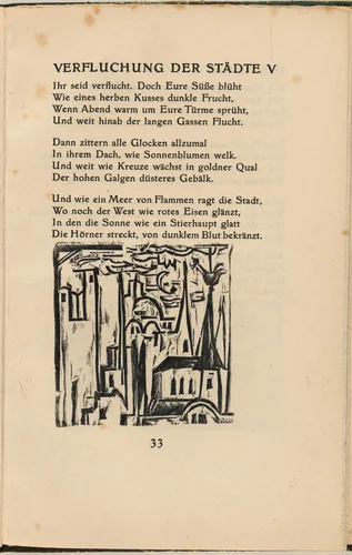 Verfluchung der Städte V (Curse Against the Cities V) (in-text plate) from mock-up of Georg Heym: Umbra Vitae (Georg Heym: Shadow of Life) by Ernst Ludwig Kirchner, volume, 1912-1922