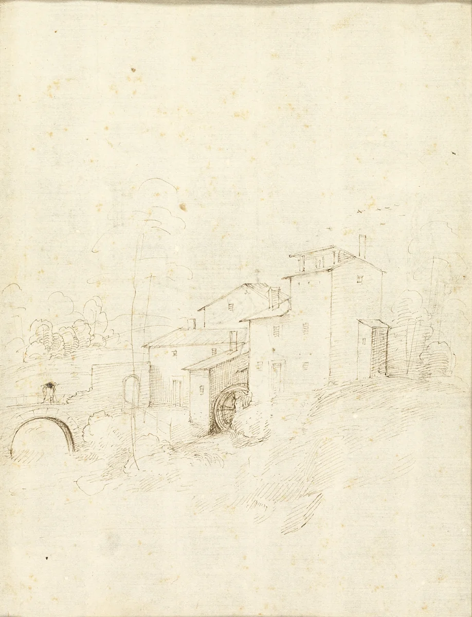 Watermill with Figures on an Arched Bridge by Baccio della Porta, drawing, 1508-1509