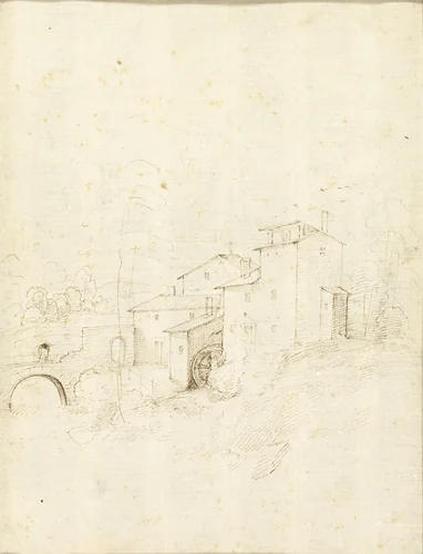 Watermill with Figures on an Arched Bridge by Baccio della Porta, drawing, 1508-1509
