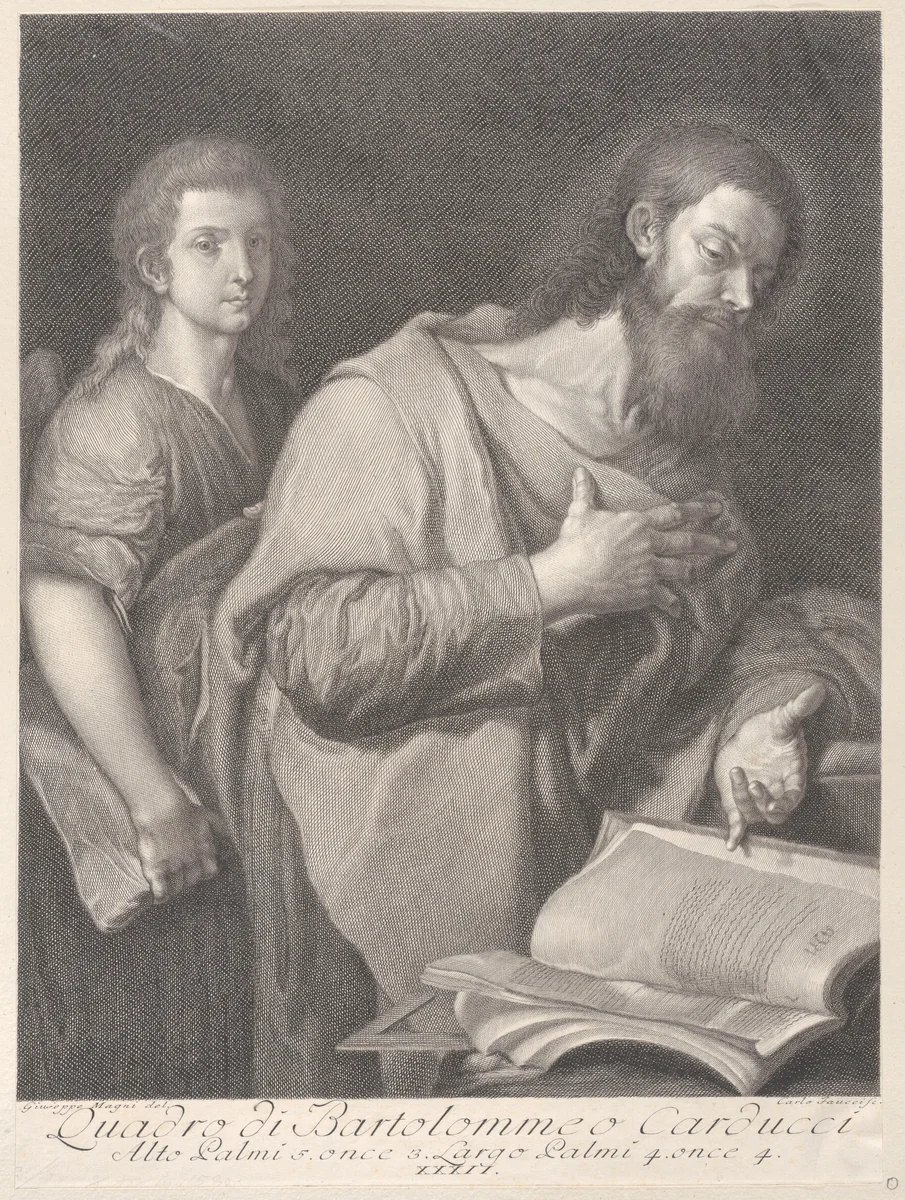 Saint Matthew, standing before a book at right with a hand on his chest, another man behind him at left by Carlo Faucci, print, 1750-1784