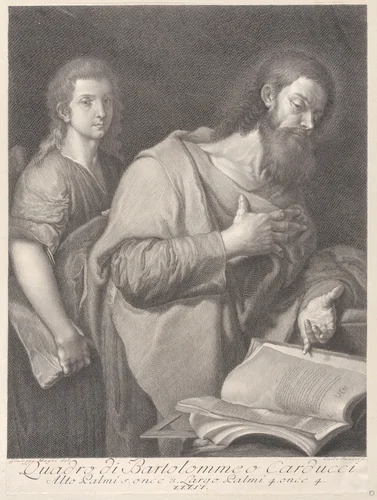 Saint Matthew, standing before a book at right with a hand on his chest, another man behind him at left by Carlo Faucci, print, 1750-1784