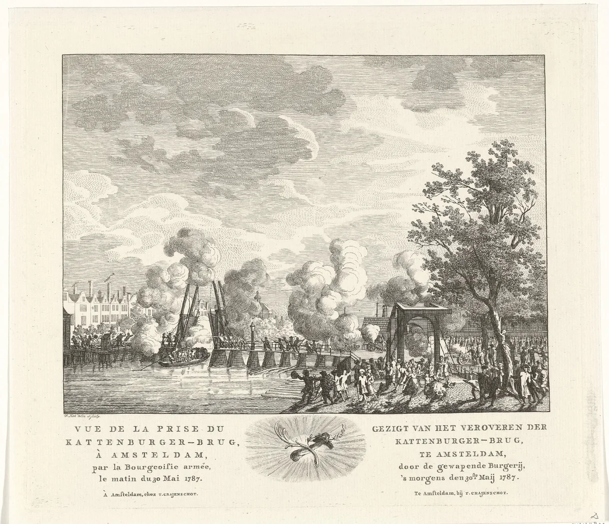 Slag bij de Kattenburgerbrug, 30 mei 1787 by Willem Kok, print, 1787-1792
