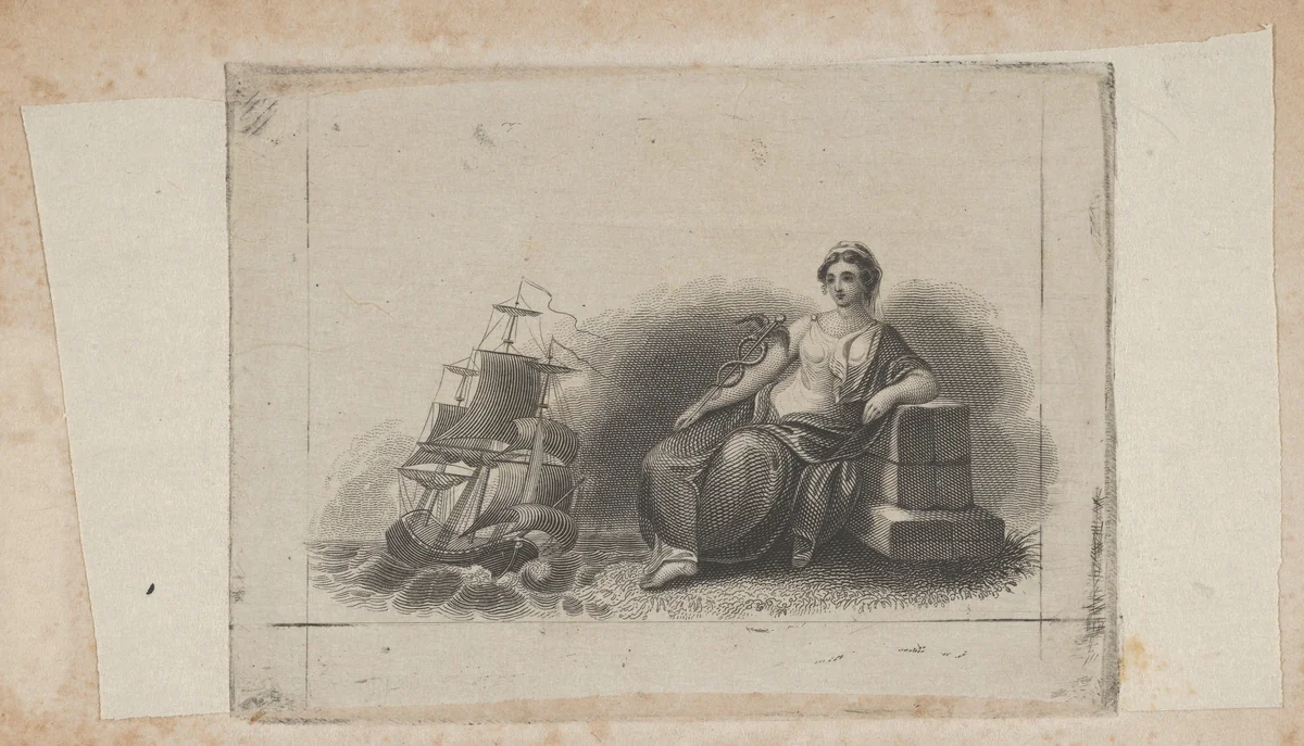 Banknote vignette with female figure representing marine commerce by Asher Brown Durand, print, 1819-1837