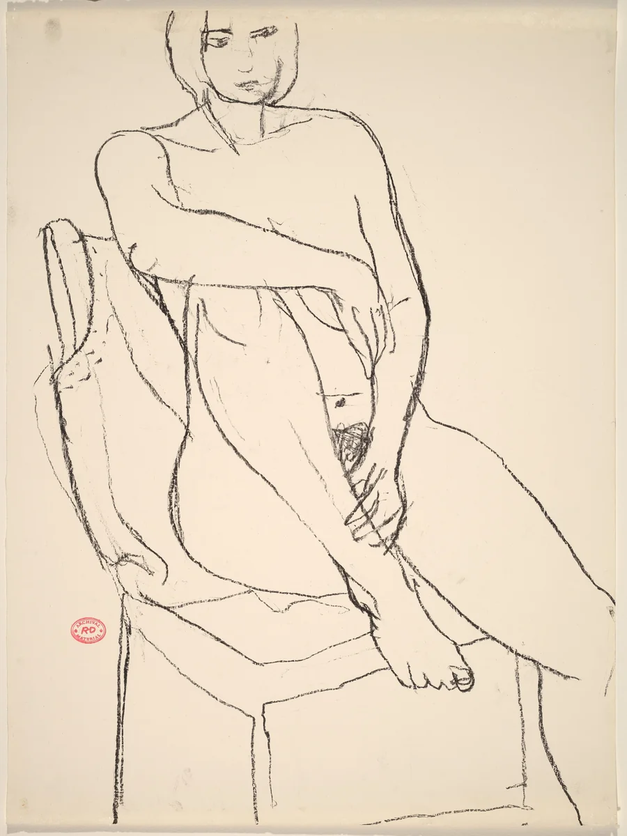Untitled [seated nude with her right foot on the chair seat] by Richard Diebenkorn, drawing, 1955-1967