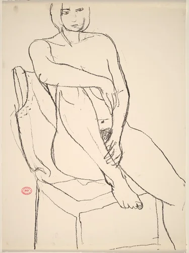 Untitled [seated nude with her right foot on the chair seat] by Richard Diebenkorn, drawing, 1955-1967