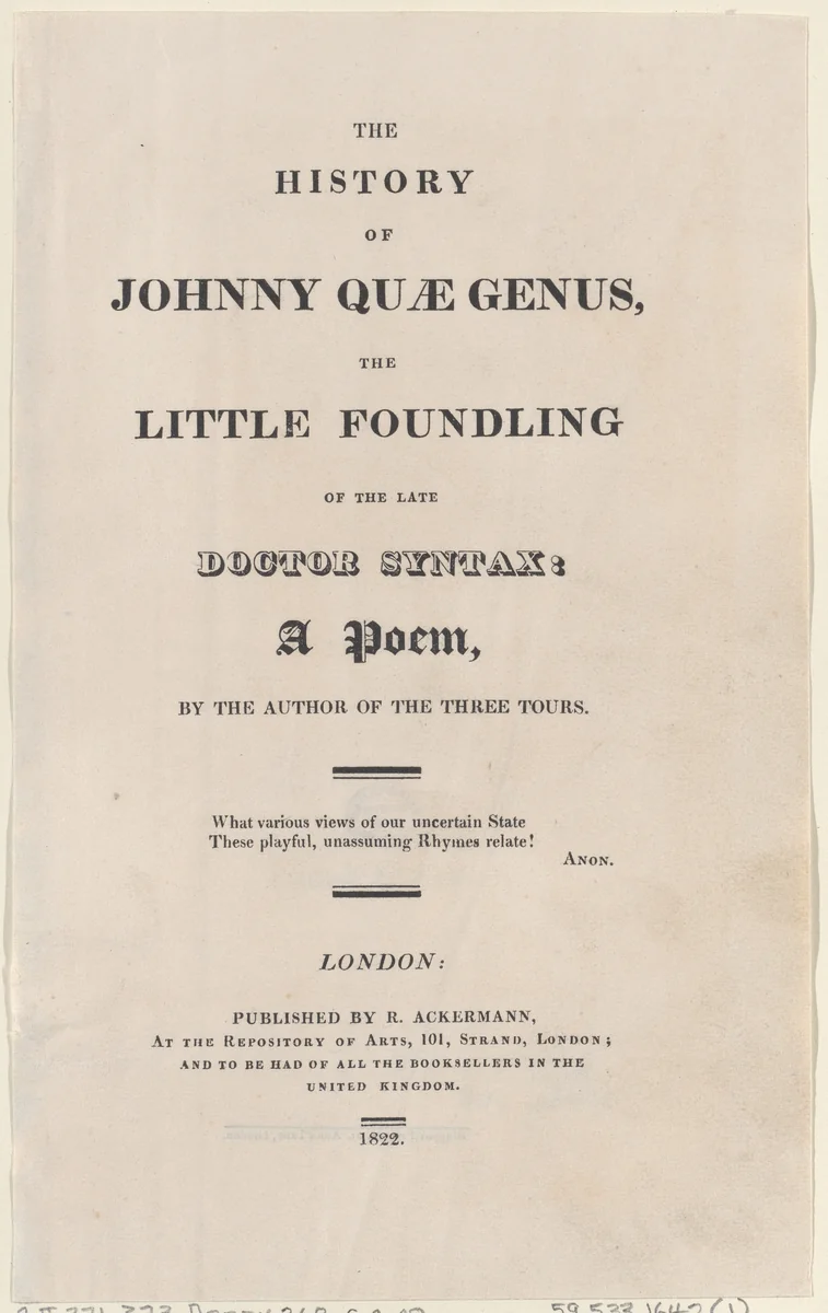 Title page, from "The History of Johnny Quae Genus, The Little Foundling of the Late Doctor Syntax" by Thomas Rowlandson, print, 1822