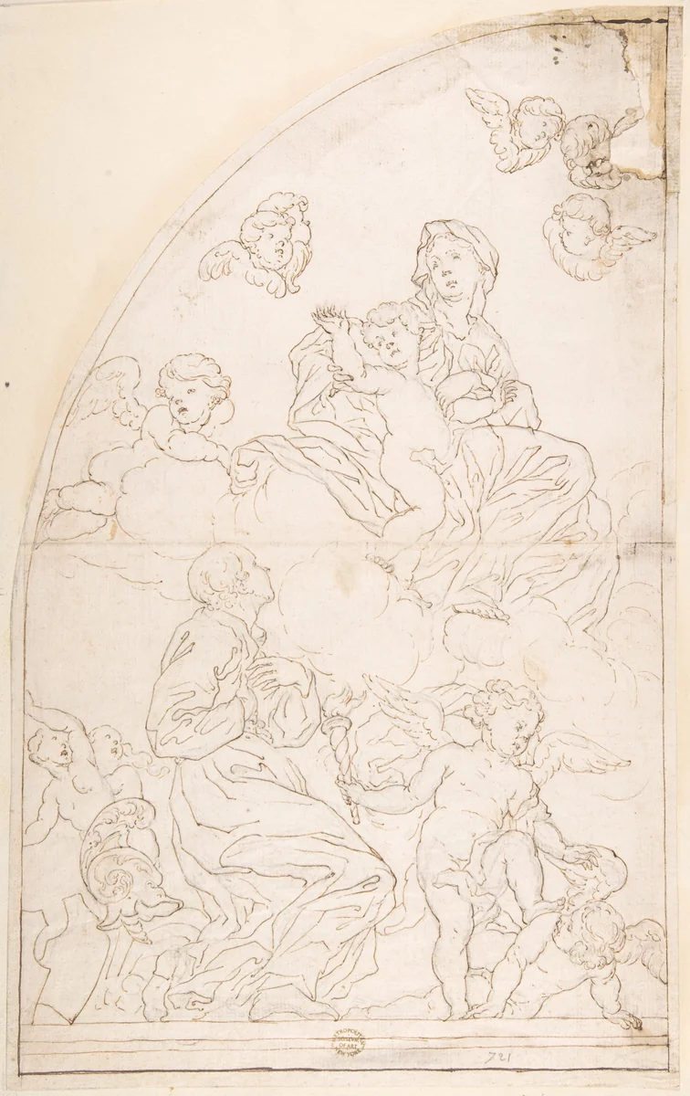 Saint Adoring the Madonna and Child by anonymous, drawing, 1600-1700