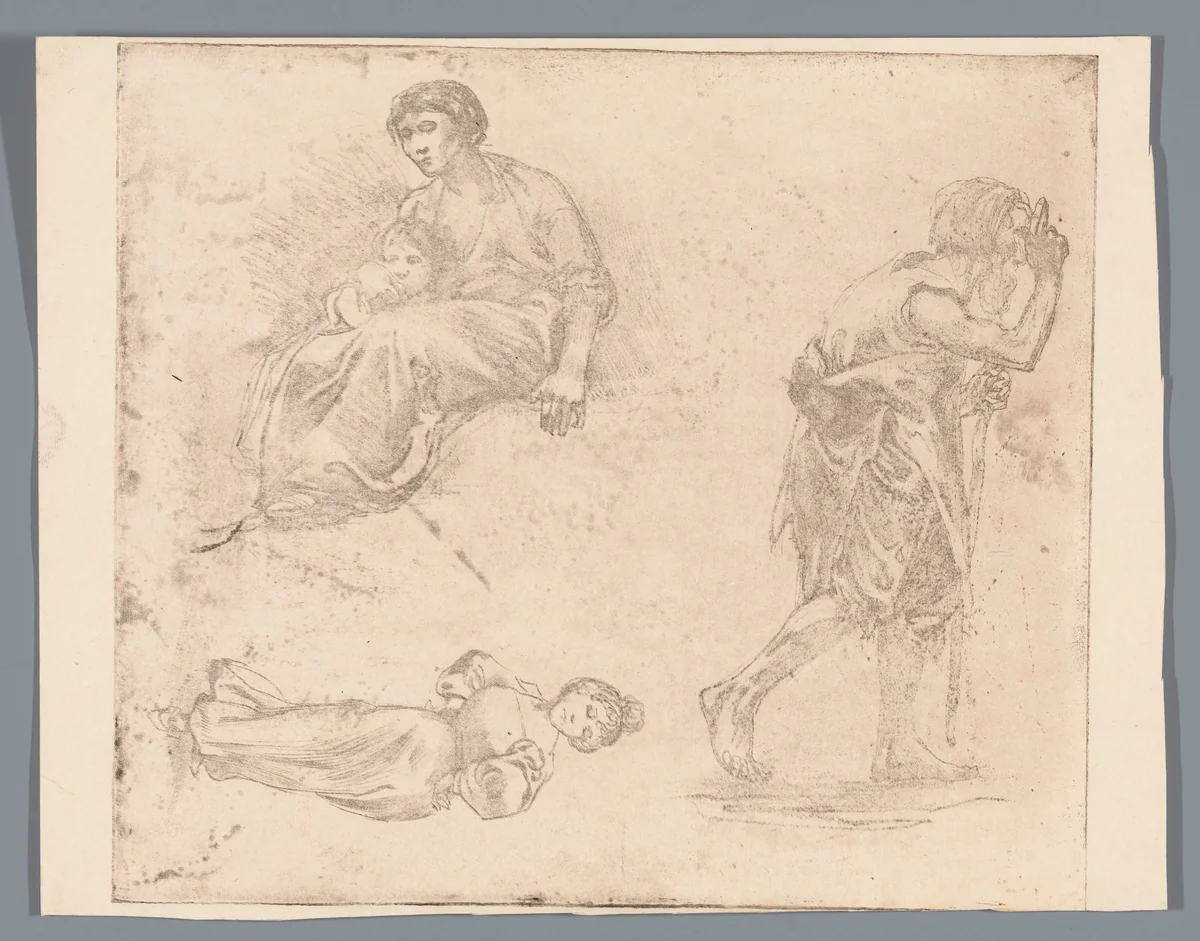 Drie voorstellingen met menselijke figuren by Johannes Josephus Aarts, print, 1881-1934