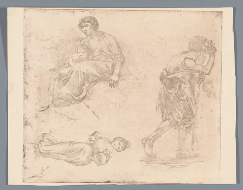 Drie voorstellingen met menselijke figuren by Johannes Josephus Aarts, print, 1881-1934