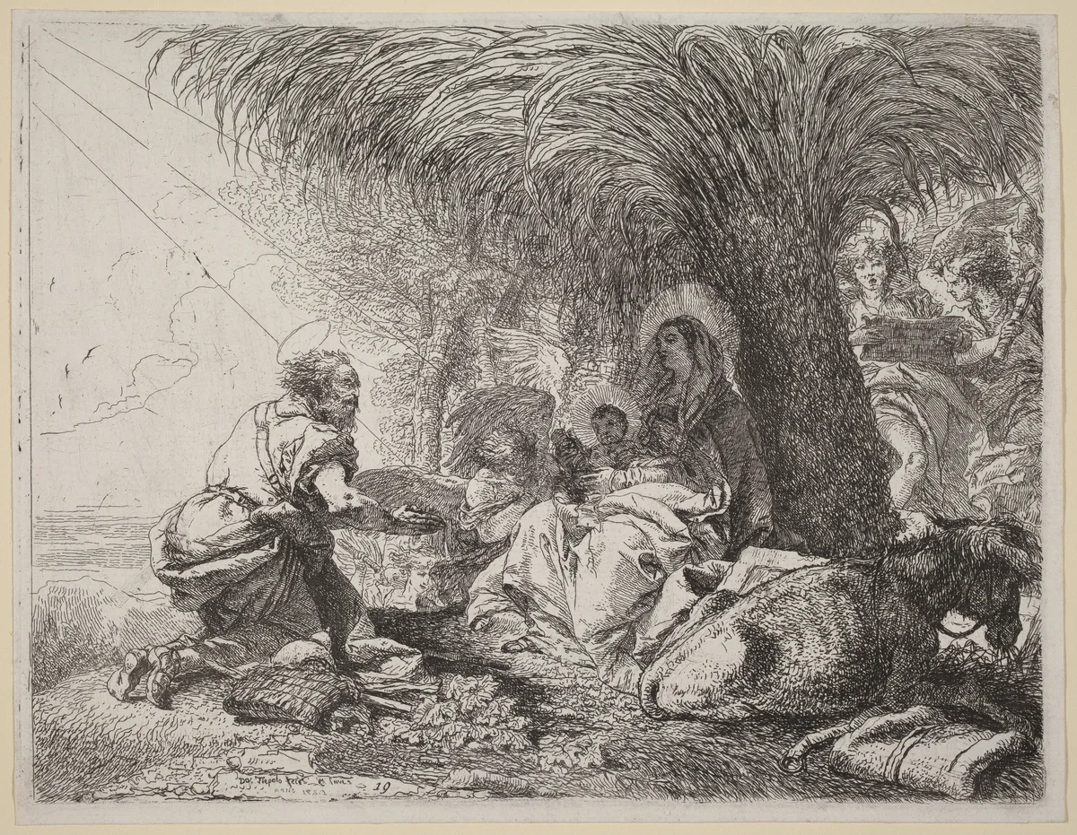 The Rest on the Flight with Joseph in Adoration by Giovanni Domenico Tiepolo, print, 1752