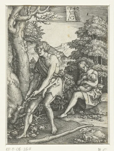 Adam en Eva aan het werk by Unknown, print, 1540