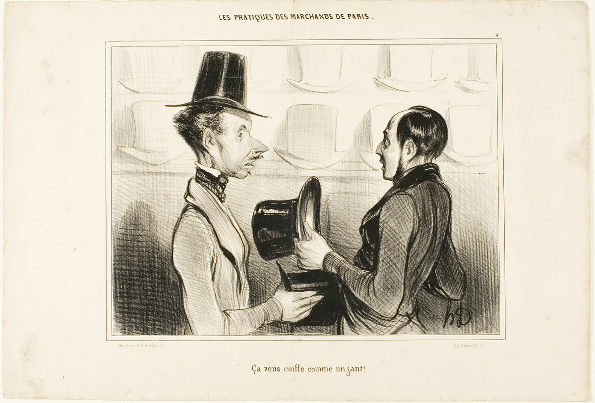 "It fits you like a glove!," plate 34 from Types Parisiens by Honoré-Victorin Daumier, print, 1839