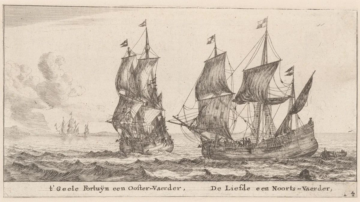 Two Merchant-Men: the "Geele Fortuÿn," Trading in the Baltic, and the "Liefde," Trading in Norway by Reinier Nooms, print, 1647-1657