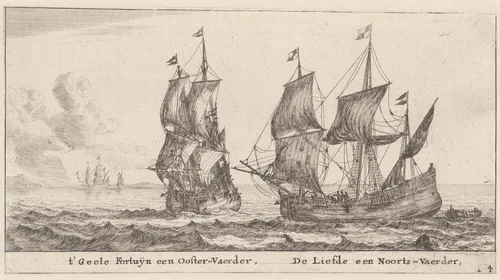 Two Merchant-Men: the "Geele Fortuÿn," Trading in the Baltic, and the "Liefde," Trading in Norway by Reinier Nooms, print, 1647-1657