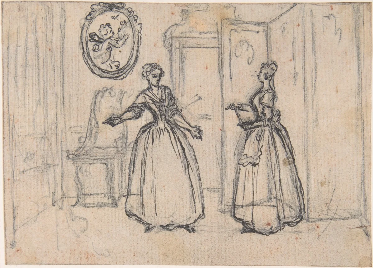 Study for "The Maid's Counsel," etched vignette in "Songs in the Opera of Flora" by Hubert François Gravelot, drawing, 1732-1742