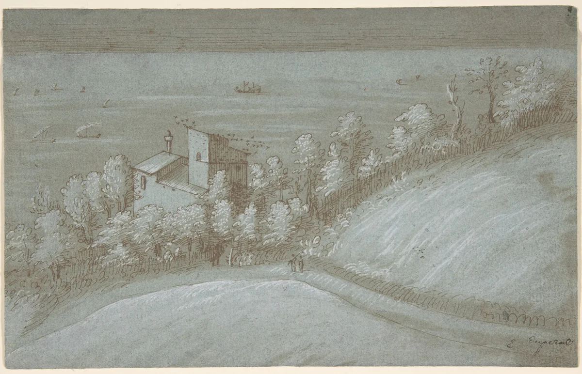 A House with a Dovecote and Trees by the Sea by Gherardo Cibo, drawing, 1520-1600