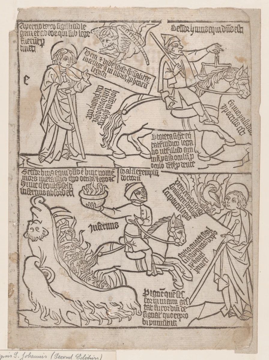 A Rider on a Black Horse with a Pair of Balances in His Hand; and A Pale Horse with Death as Its Rider, from an Apocalypse blockbook, 2nd edition by anonymous, print, 1440-1450