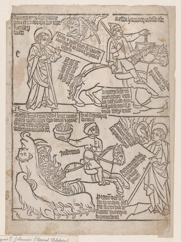 A Rider on a Black Horse with a Pair of Balances in His Hand; and A Pale Horse with Death as Its Rider, from an Apocalypse blockbook, 2nd edition by anonymous, print, 1440-1450