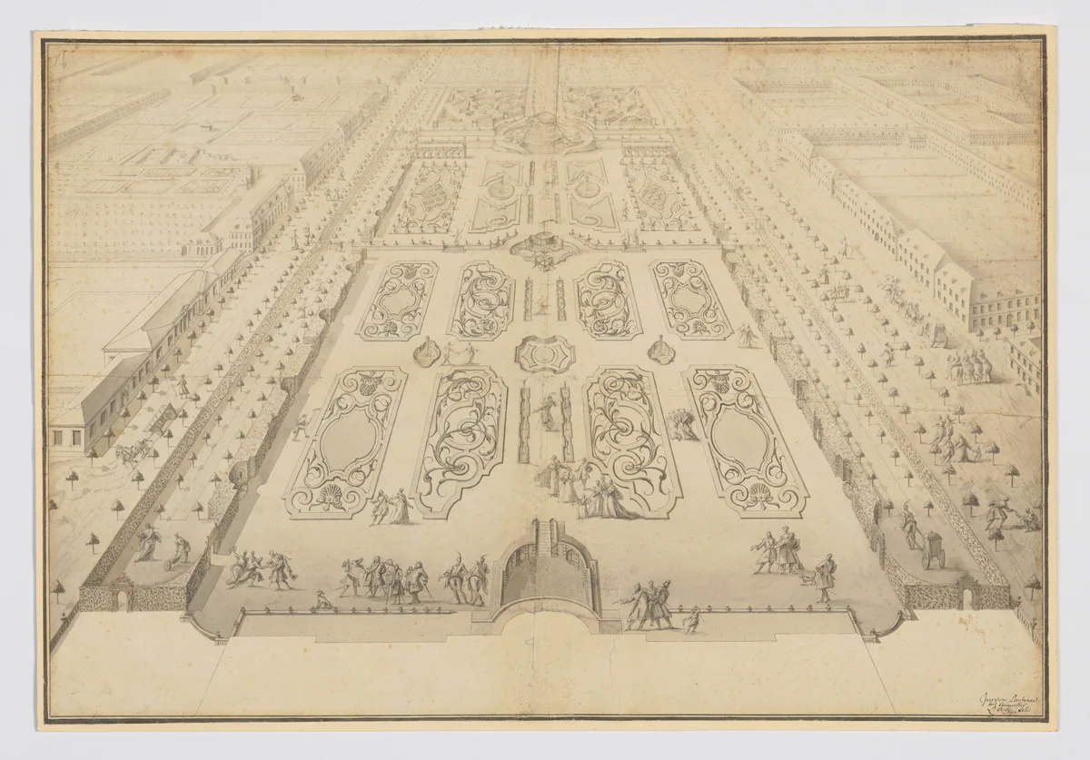 Bird's-Eye View of Part of the Gardens at Ludwigsburg, created for Duke Eberhard Ludwig von Württemburg by anonymous, drawing, 1700-1799