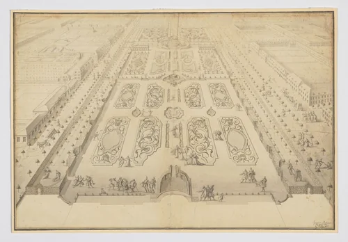 Bird's-Eye View of Part of the Gardens at Ludwigsburg, created for Duke Eberhard Ludwig von Württemburg by anonymous, drawing, 1700-1799