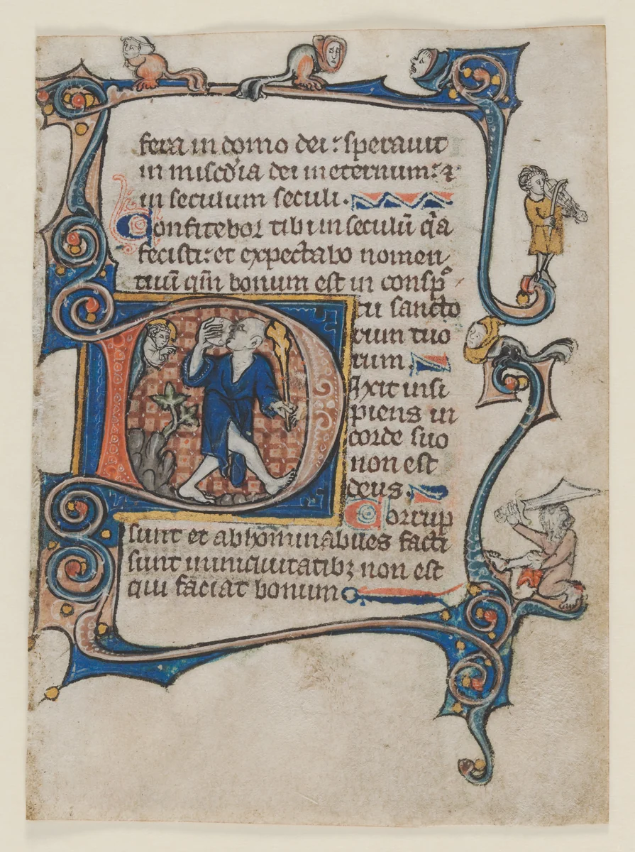 Leaf from a Psalter: Initial D: A Fool Rebuked by God by Unknown, manuscript, 1295-1325