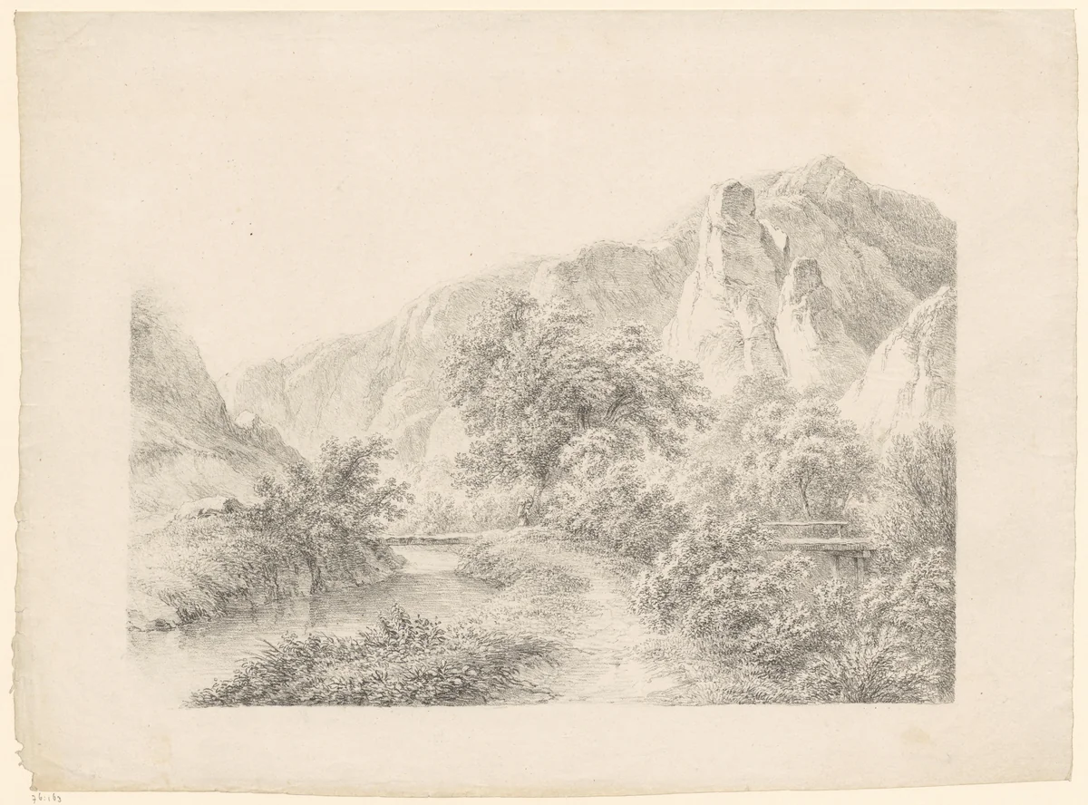 Berglandschap met brug by Joseph Mössmer, print, 1818-1821