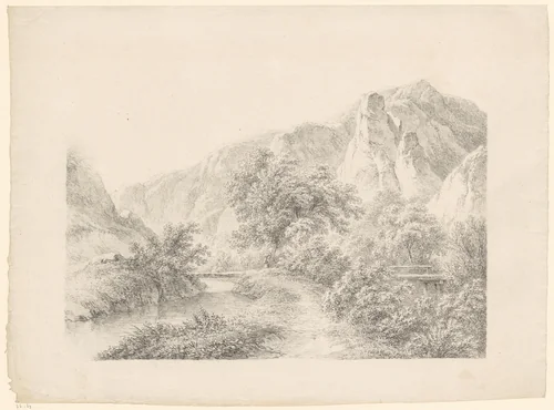 Berglandschap met brug by Joseph Mössmer, print, 1818-1821