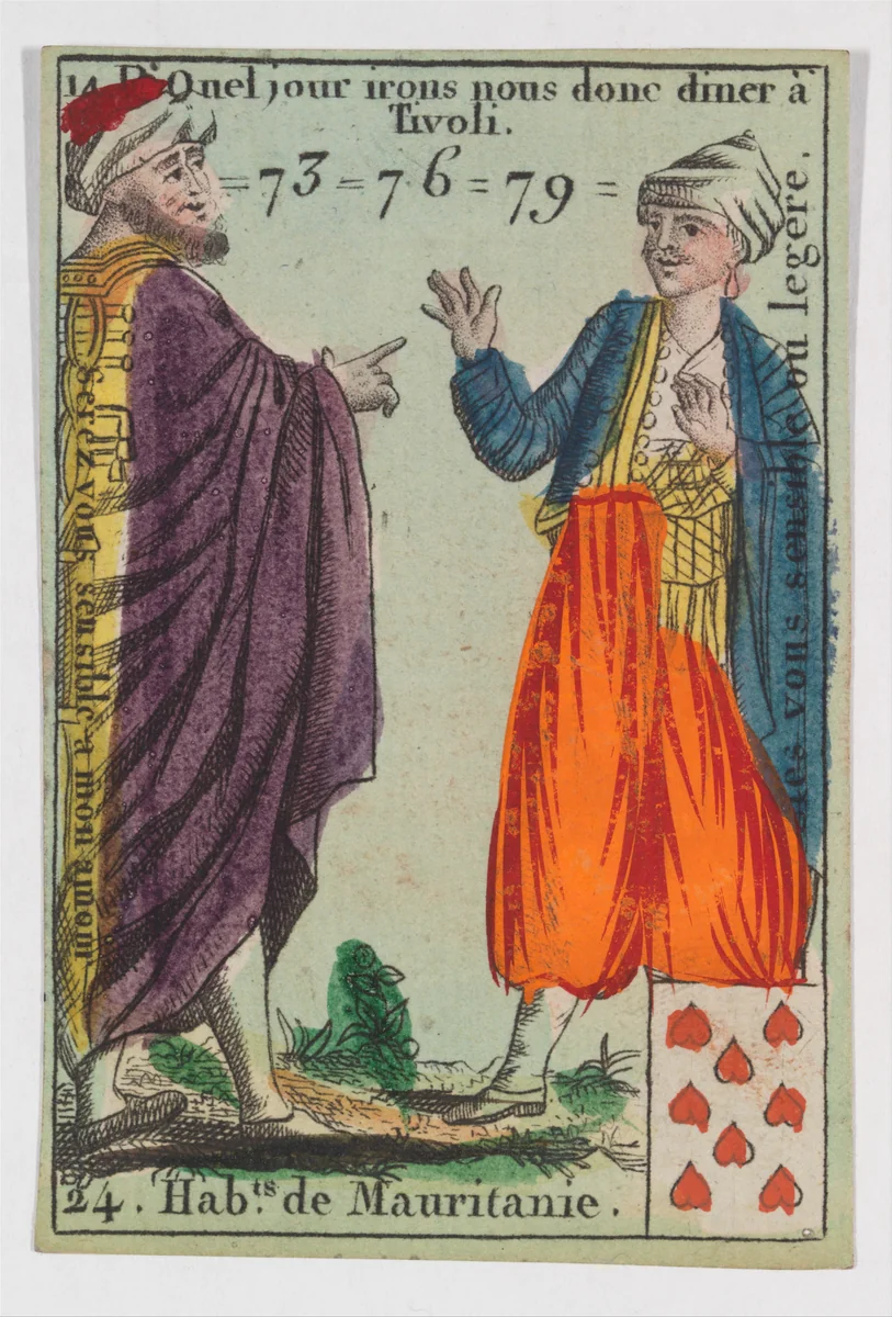 Hab.ts de Mauritanie, from the playing cards (for quartets) "Costumes des Peuples Étrangers" by anonymous, print, 1700-1799