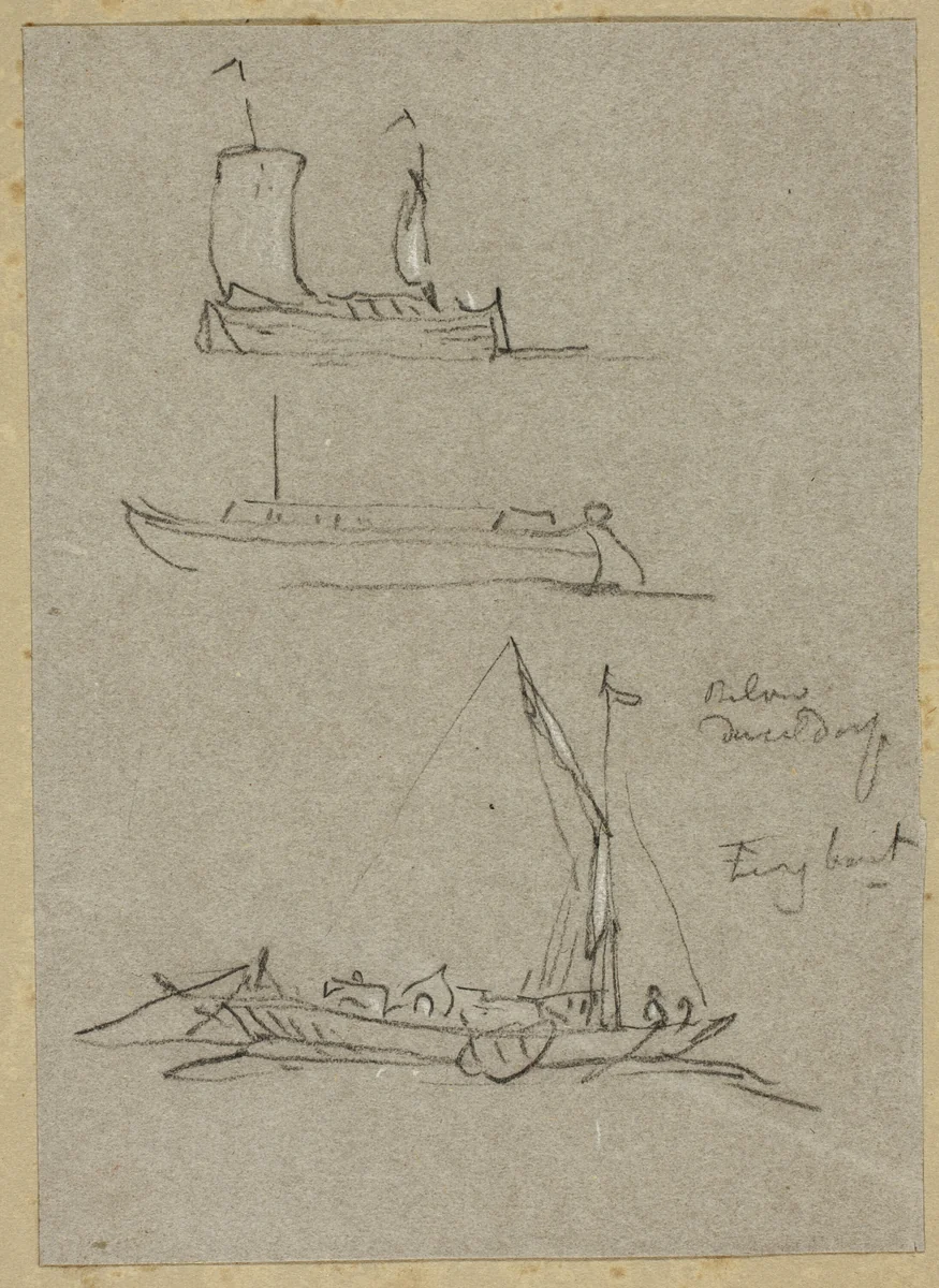 Three Sketches of Dusseldorf River Boats by William Alfred Delamotte, drawing, 1795-1863