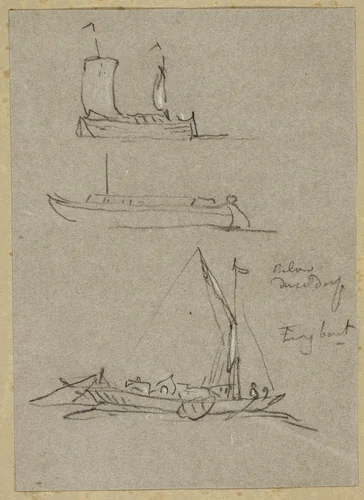 Three Sketches of Dusseldorf River Boats by William Alfred Delamotte, drawing, 1795-1863