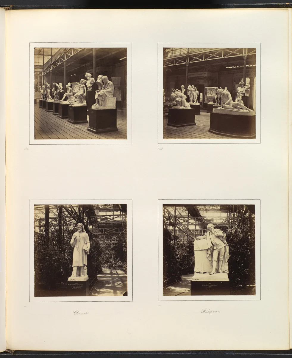 [Roman Court with Sculptures of Posidonius and Wounded Gladiator; Sculpture of Geoffrey Chaucer by Marshall; Sculpture of Shakespeare by Roubilliac] by Philip Henry Delamotte, photograph, 1857-1861