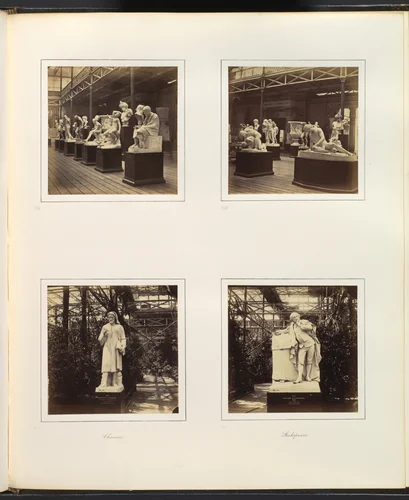 [Roman Court with Sculptures of Posidonius and Wounded Gladiator; Sculpture of Geoffrey Chaucer by Marshall; Sculpture of Shakespeare by Roubilliac] by Philip Henry Delamotte, photograph, 1857-1861