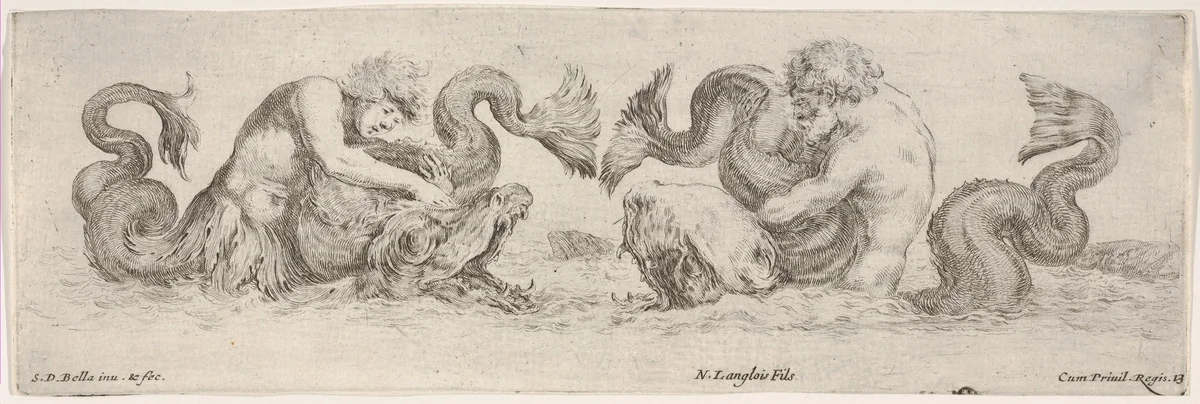 Two Tritons wrestling with other Sea Creatures, plate 13 from "Decorative friezes and foliage" (Ornamenti di fregi e fogliami) by Stefano della Bella, print, 1645-1650