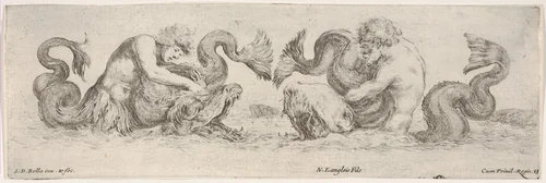 Two Tritons wrestling with other Sea Creatures, plate 13 from "Decorative friezes and foliage" (Ornamenti di fregi e fogliami) by Stefano della Bella, print, 1645-1650