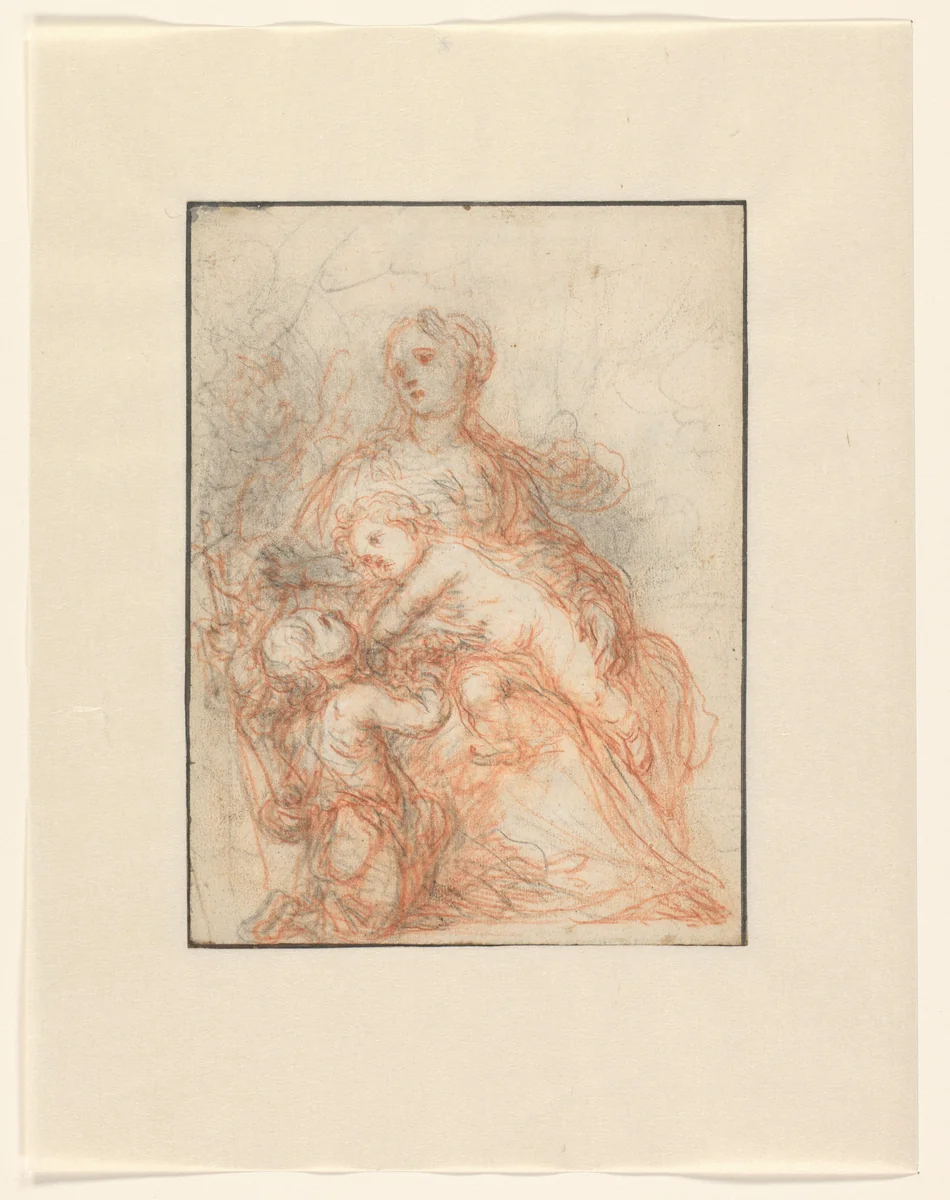 Zittende Madonna met Christuskind en de jonge Johannes by anonymous, drawing, 1625-1675