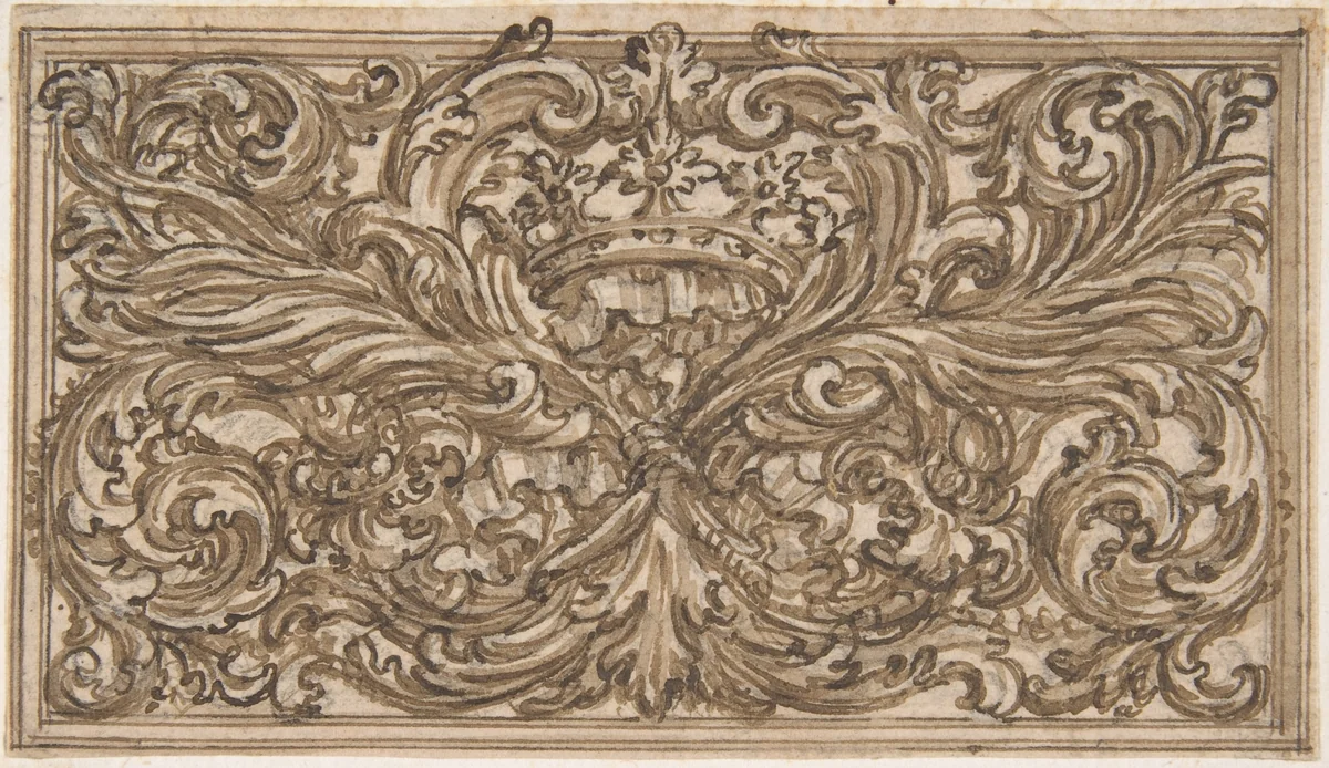 Design for a Panel Decorated with A Bundle of Foliage, A Crown and a Shell by anonymous, drawing, 1700-1800