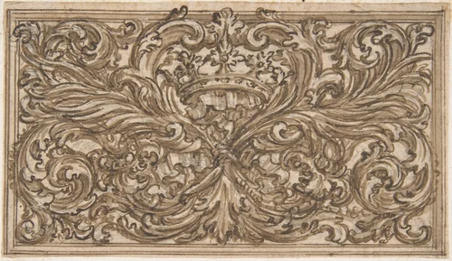Design for a Panel Decorated with A Bundle of Foliage, A Crown and a Shell by anonymous, drawing, 1700-1800