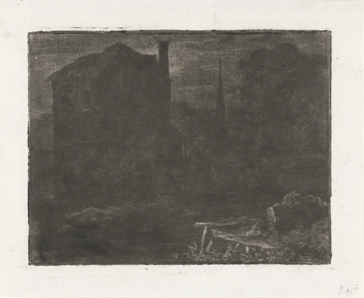 Landschap met gebouwen bij nacht by Allaert van Everdingen, print, 1642-1675
