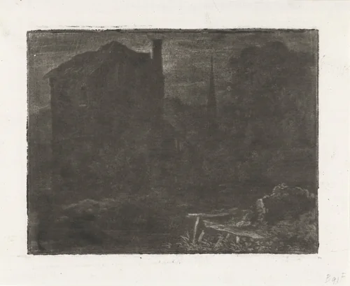 Landschap met gebouwen bij nacht by Allaert van Everdingen, print, 1642-1675