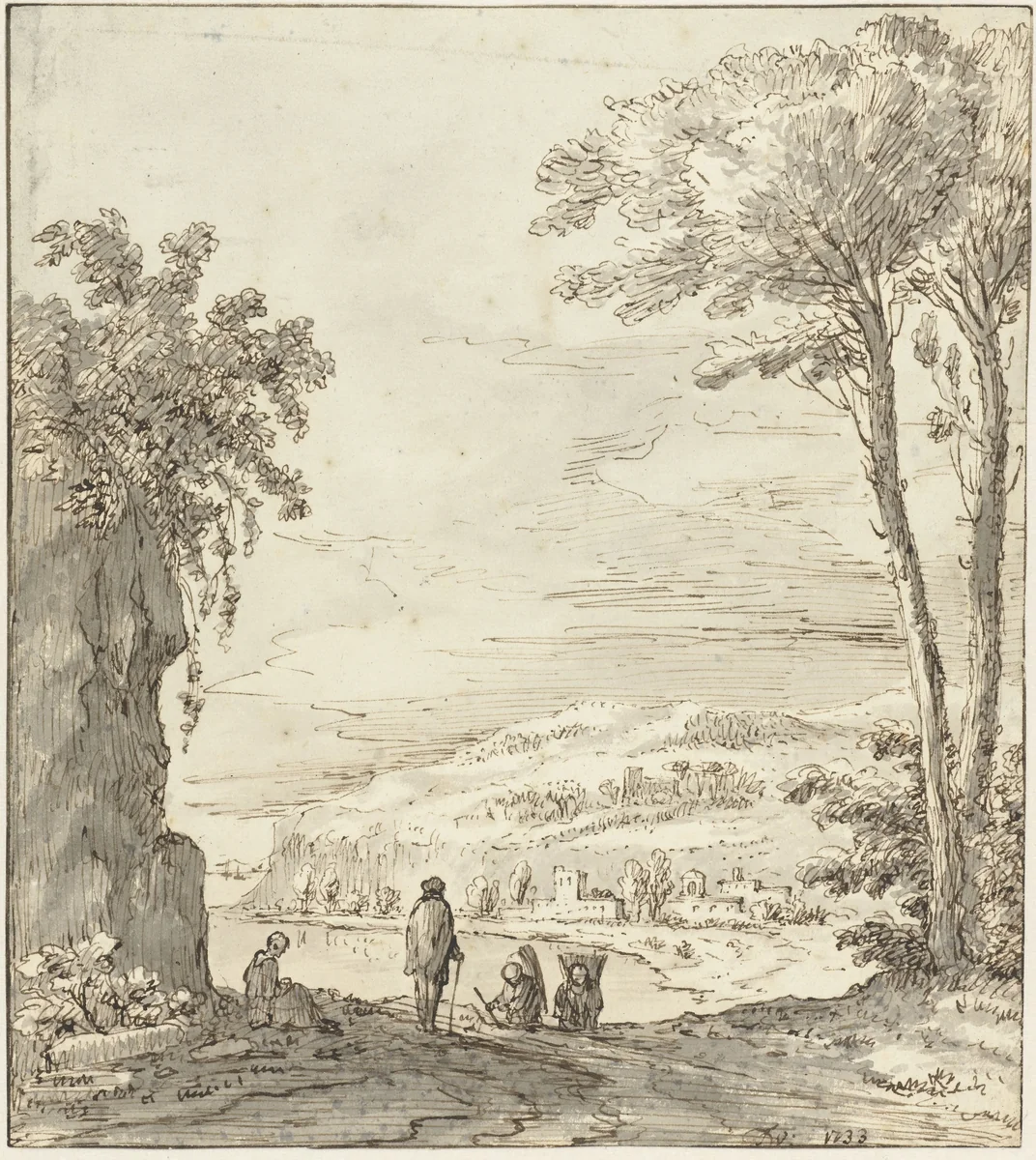 Italiaans rivierlandschap met wandelaars bij een rots by Theodoor Wilkens, drawing, 1733