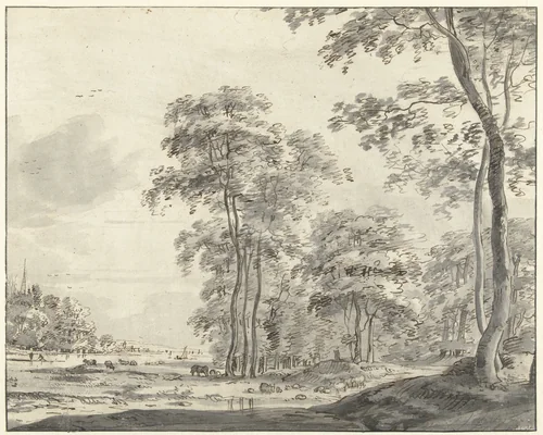 Wooded Landscape with Cattle at the Edge of a River by Roelant Roghman, drawing, 1657-1670