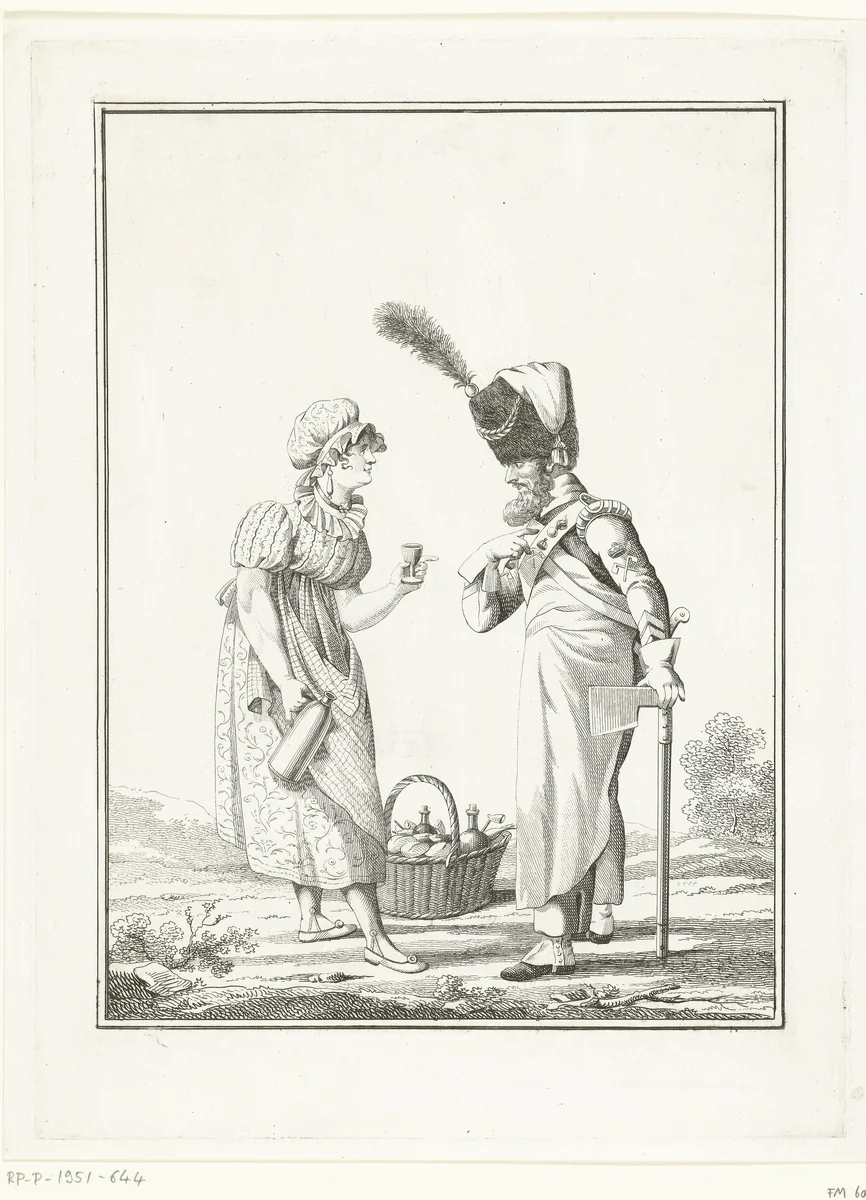 Sappeur bij een zoetelaarster by Joannes Bemme, print, 1800-1841