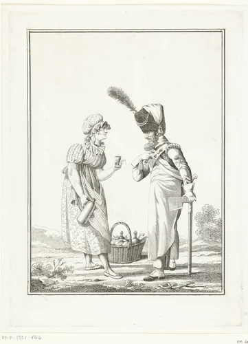 Sappeur bij een zoetelaarster by Joannes Bemme, print, 1800-1841