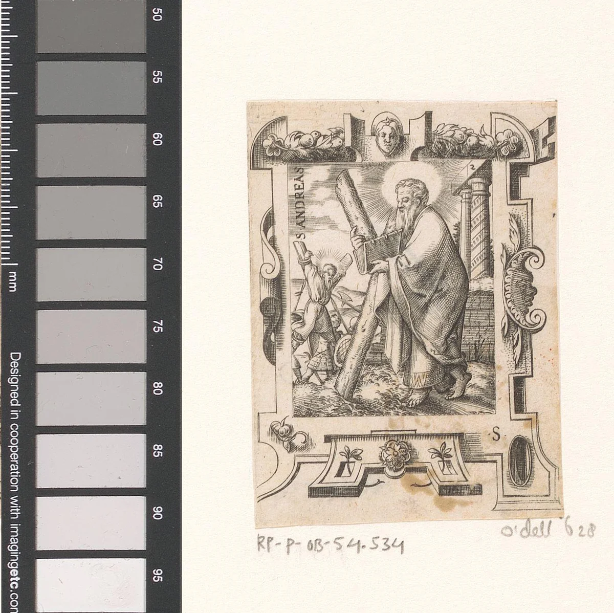 Heilige Andreas in rolwerk omlijsting by Unknown, print, 1568