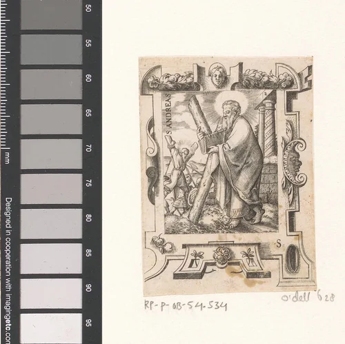Heilige Andreas in rolwerk omlijsting by Unknown, print, 1568