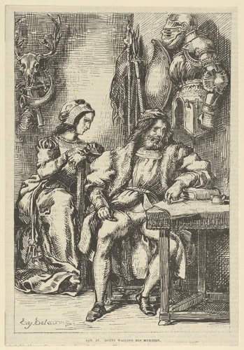 Goetz von Berlichingen Writing His Memoirs by Eugène Delacroix, print, 1845-1860