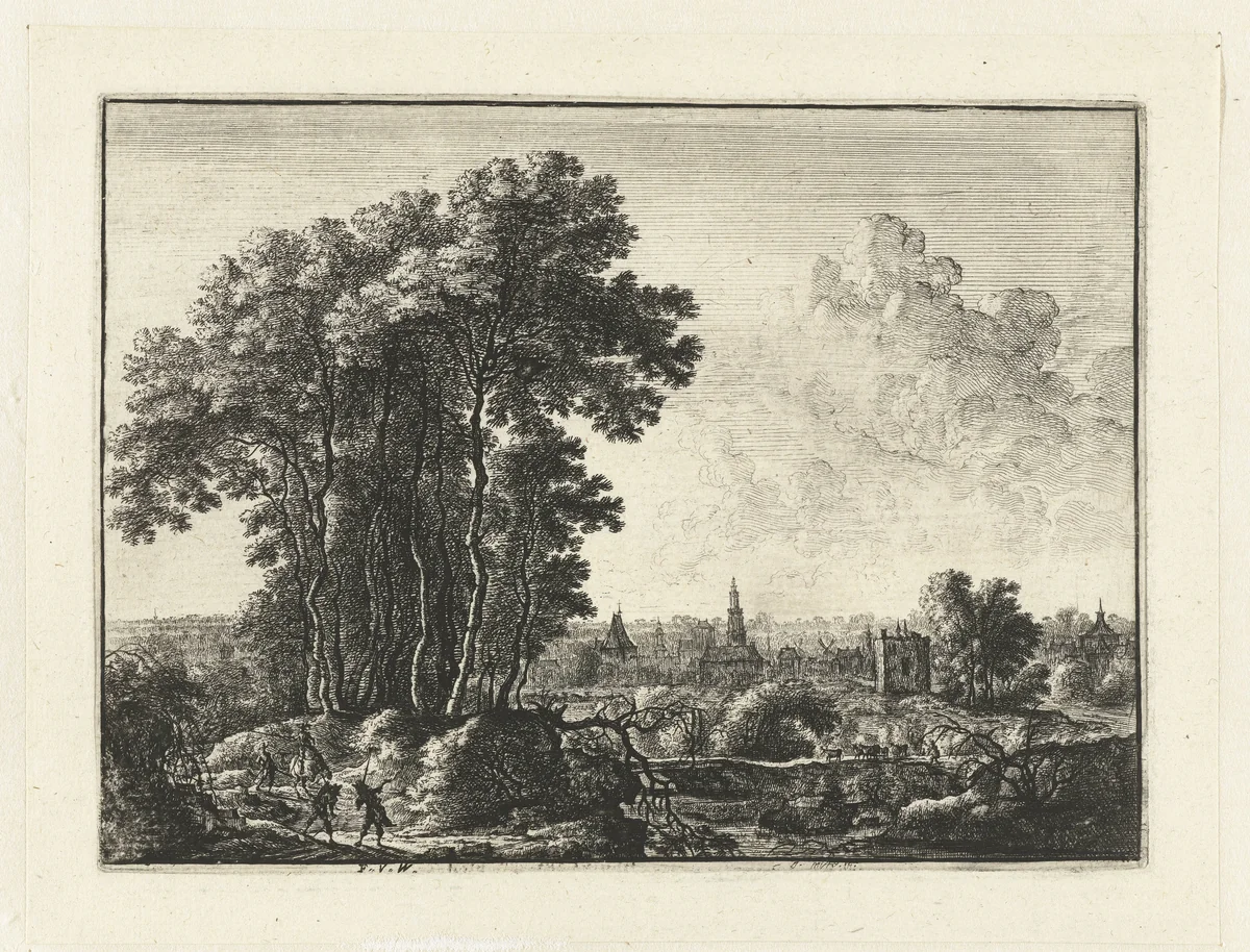 Landschap met reizigers by anonymous, print, 1643-1679