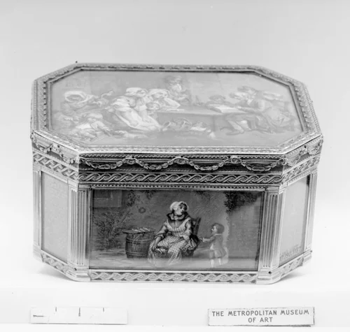 Snuffbox with household scenes by Jean-Joseph Barrière, metalwork, 1769-1770